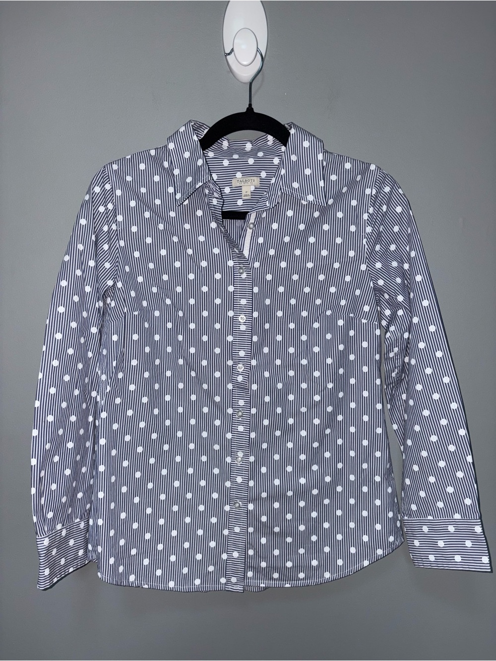 Talbot’s Women's Navy Stripe & White Dot Long Sleeve Button-Up Shirt Size P